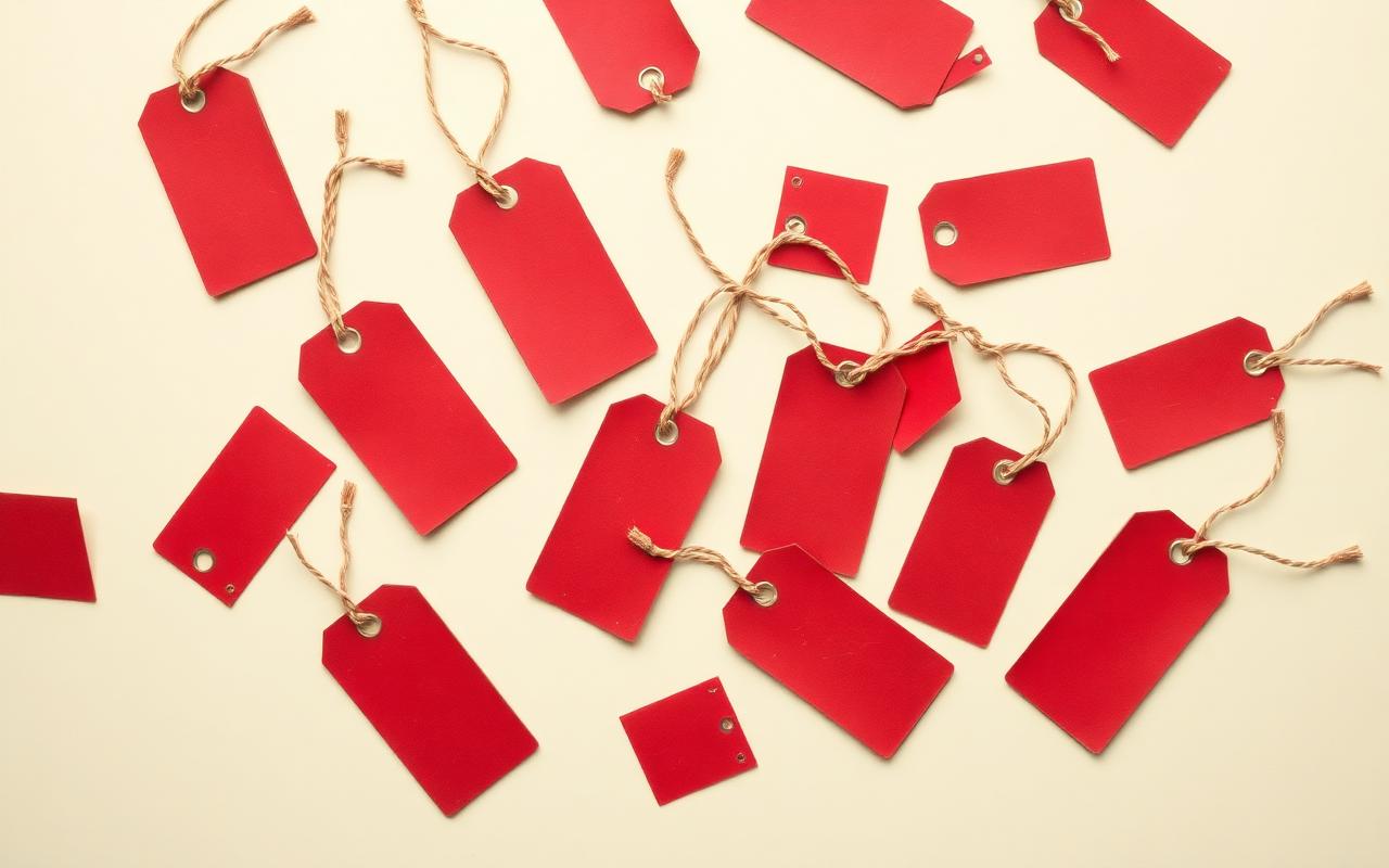 Scattered blank red paper price tags with string ties on a cream background.